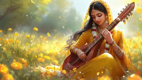 Woman in yellow saree plays stringed instrument in field