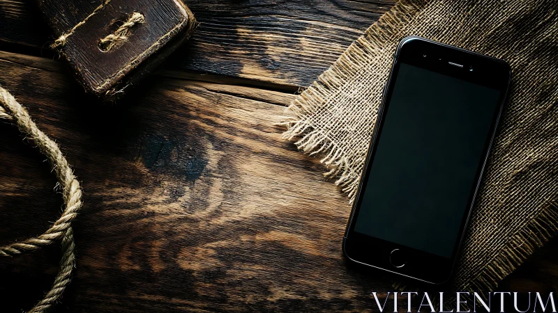 Smartphone on rustic wooden table with burlap cloth.
