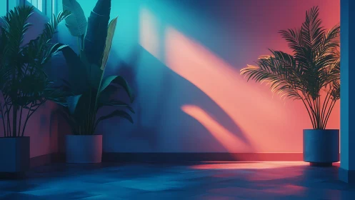 Tropical indoor plants under neon cyan and coral light.