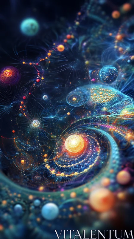 Spiral cosmic orbits with glowing fractal star systems.