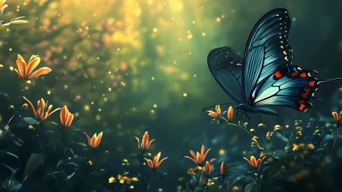 Iridescent butterfly hovering above sunlit orange blossoms.