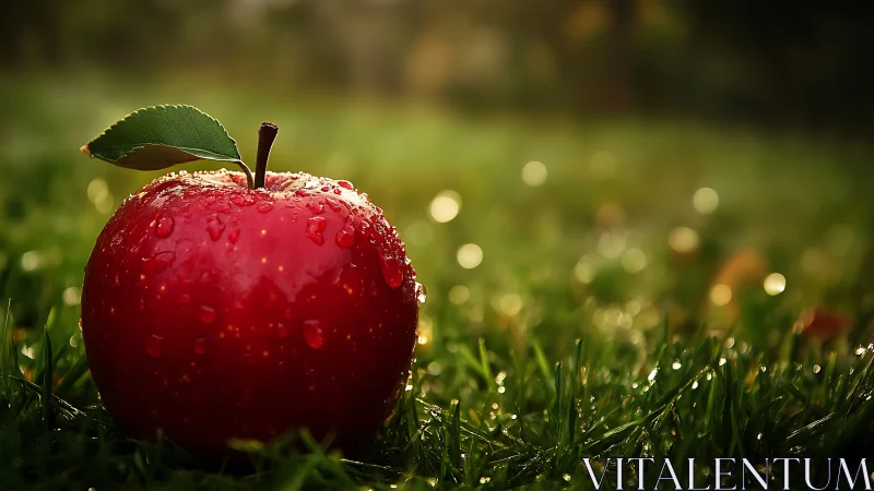Red apple with water droplets rests on wet green grass