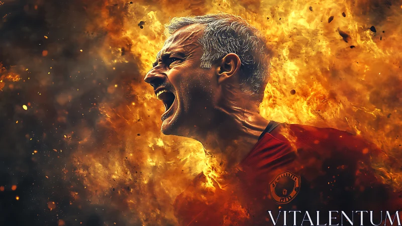 Fiery digital portrait of shouting football player in flames.