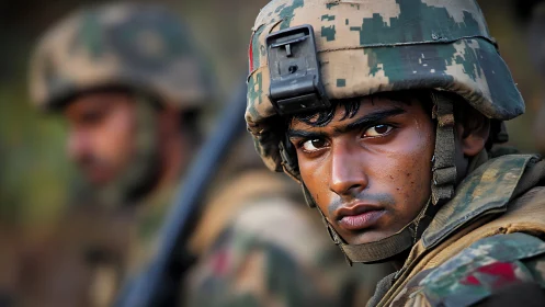 Close portrait of soldier in camouflage combat helmet outdoors.