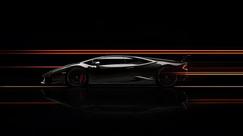 Side profile shows dark sports car with linear light trails