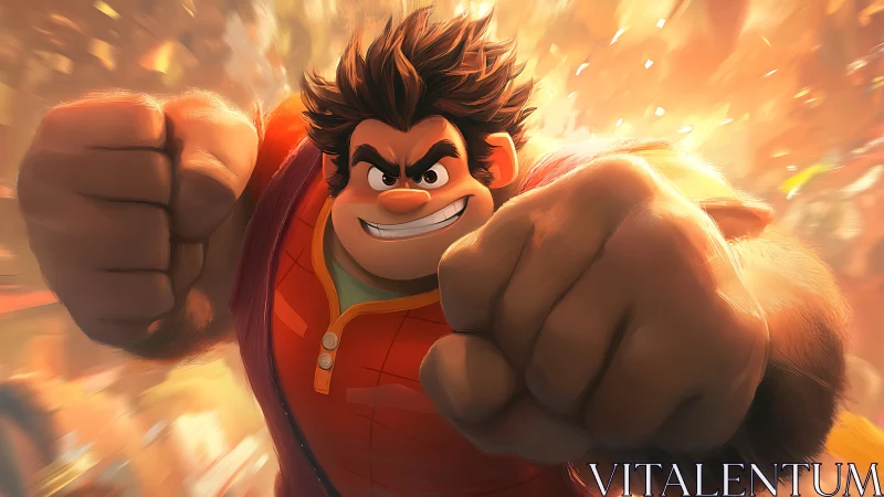 Powerful cartoon brawler lunges forward through glowing chaos