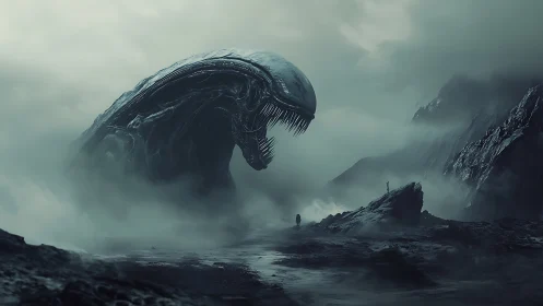 Monochrome alien leviathan in mist-shrouded wasteland panorama.