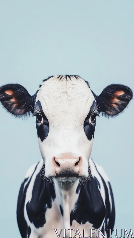 Front-facing Holstein calf portrait on plain blue background.