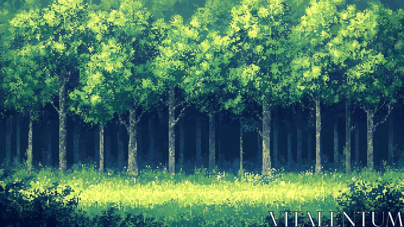 Pixel art forest with tall trees and sunlit clearing below canopy.