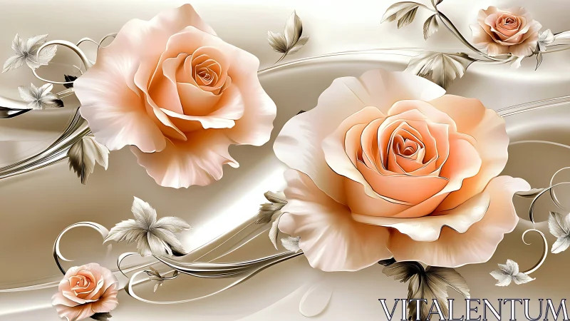 Peach Roses Float Among Silver Ribbons in Ethereal Elegance