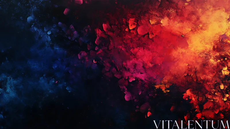 Deep abstract nebula in blue, red, and orange tones.