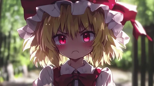 Crimson glare in the forest light, a pouty anime spark.