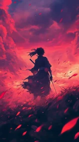 Samurai silhouette faces burning crimson storm sky.