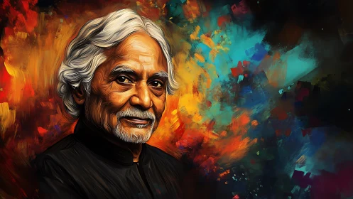 Gentle elder gazes warmly amid glowing cosmic colors