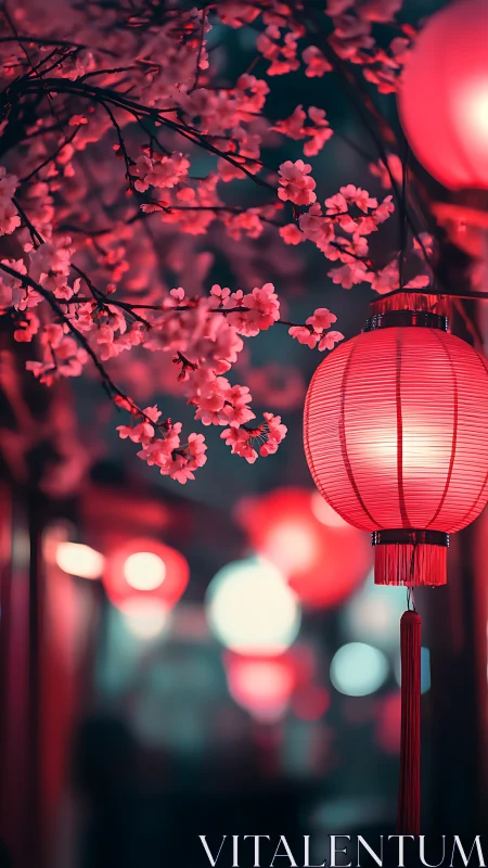 Lantern glow among cherry blossoms in dreamy night street.