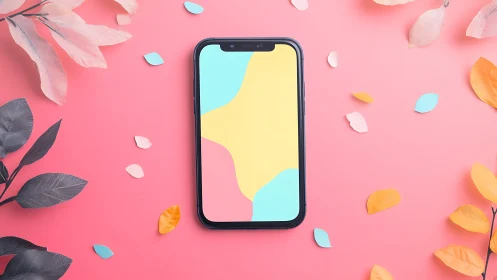 Smartphone lies centered on pink surface with scattered leaves