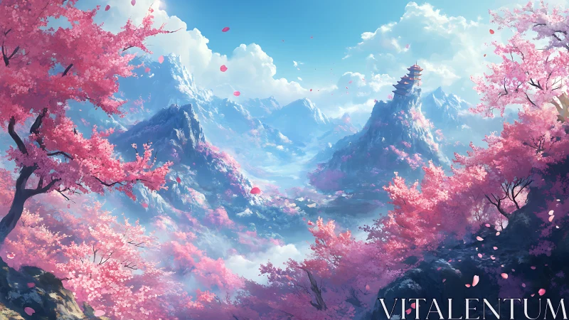 Cherry blossom highlands with distant pagoda at sunrise.