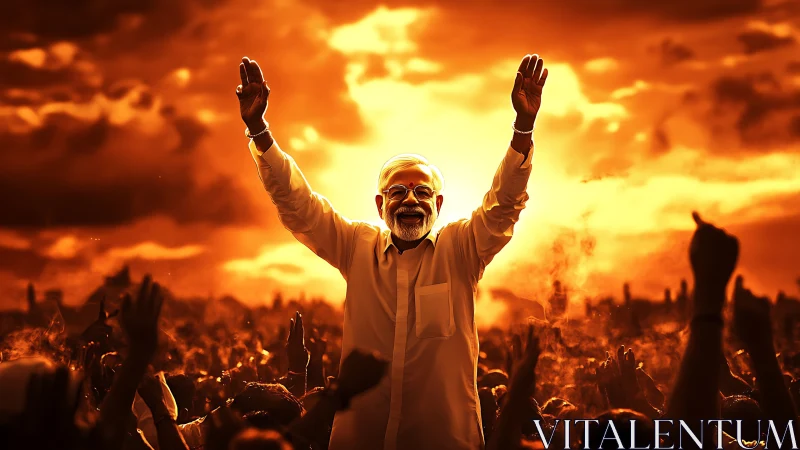 Elderly man in white raises arms before dense cheering crowd