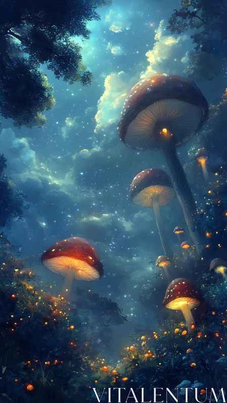 Giant luminous mushrooms in dense night forest under stars.