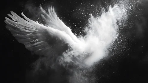 White wings dissolving into particulate cloud on black field.