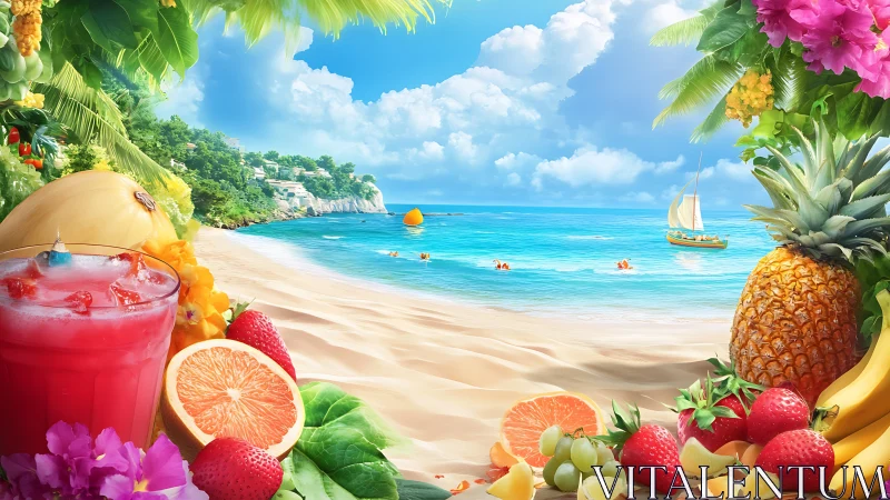 Tropical Beach Paradise with Exotic Fruits and Coastal Serenity.