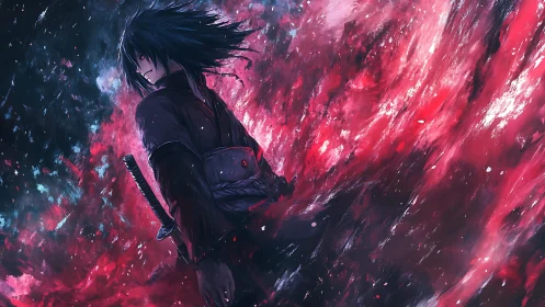 Dark swordsman in turbulent red energy field rendered with dynamic strokes