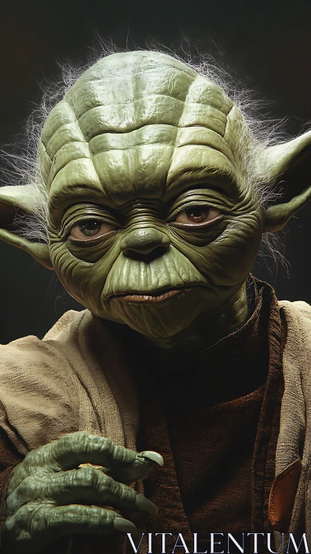 Wise green alien master gazes intently in soft shadowed light.