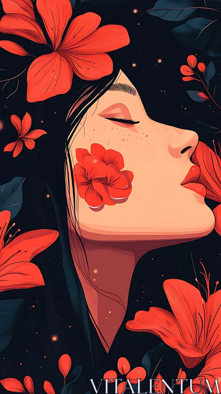 Floral profile portrait merges stylized anatomy with bold contrast