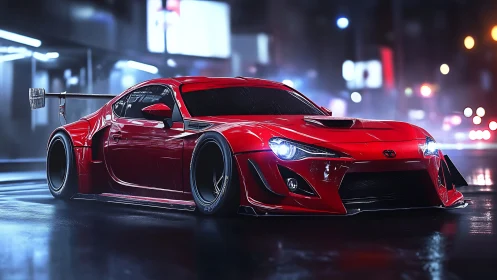 Red widebody race car on wet neon city street at night.