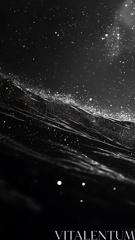 Dark abstract wave with scattered light particles in motion.