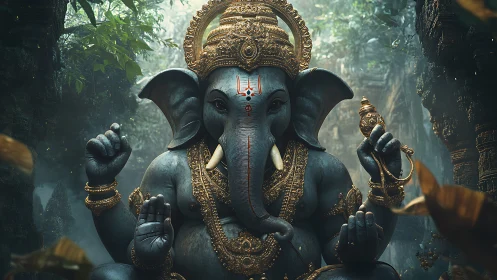 Ganesha sculpture sits in misty jungle temple light.