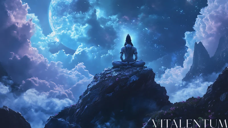Moonlit yogi rests in calm meditation above glowing clouds
