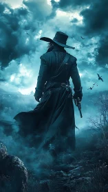 Storm-lit gunslinger strides into a haunted blue frontier