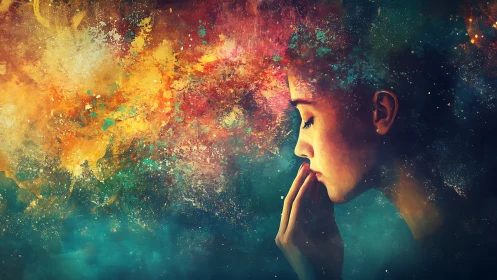 Contemplative woman amid abstract cosmic color field.