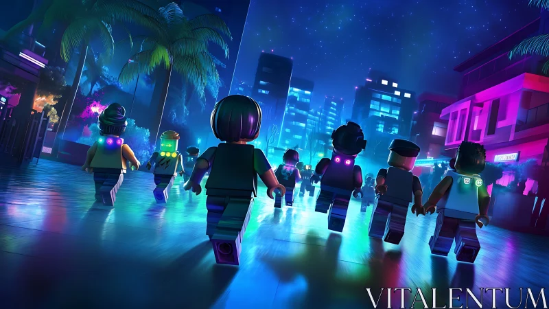 Neon-lit LEGO cityscape with dynamic group perspective rendering.