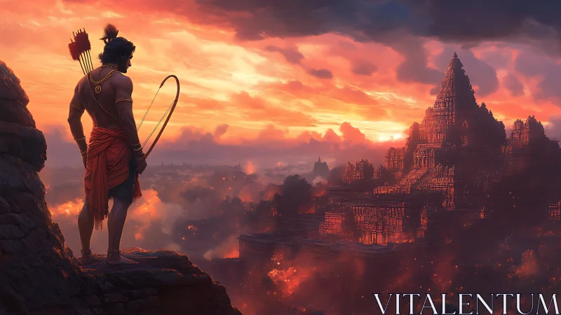 Warrior overlooks burning temple city at vivid dusk sky
