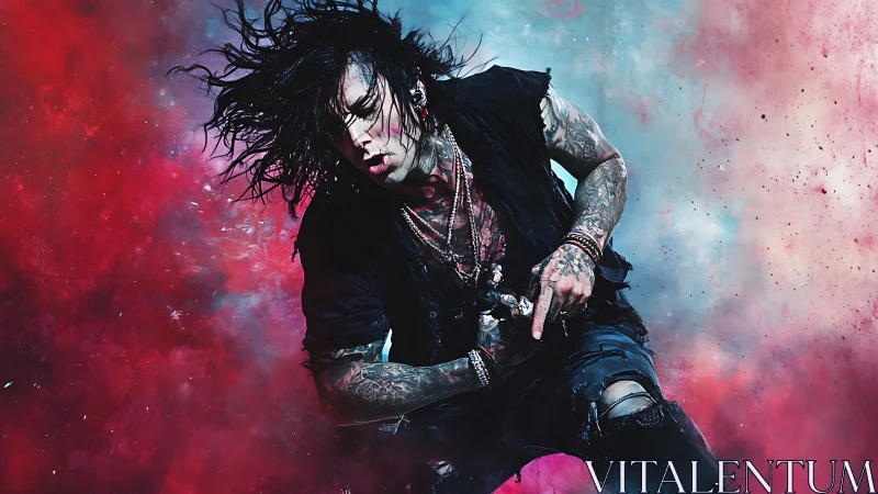 Tattooed rock performer in motion against color smoke.