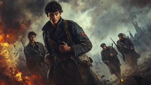 Young soldiers advance through a burning war torn battlefield