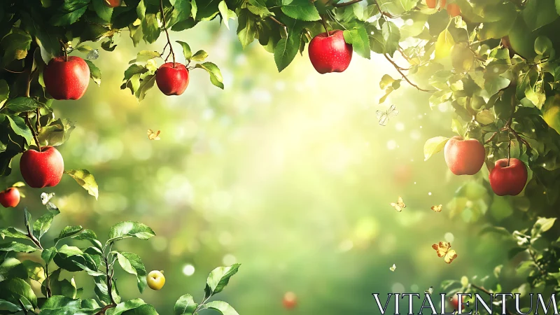 Radiant orchard canopy with sunlit apples and drifting lepidoptera.