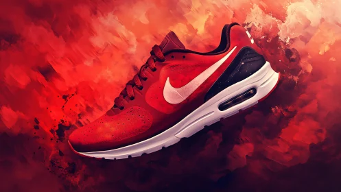 Red running sneaker on abstract fiery paint backdrop.