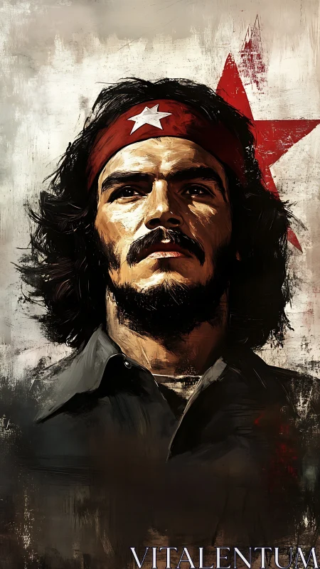 Textured portrait of resolute man in red headband with star emblem