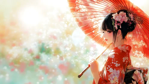 Kimono-clad woman under red parasol in soft sunlight.