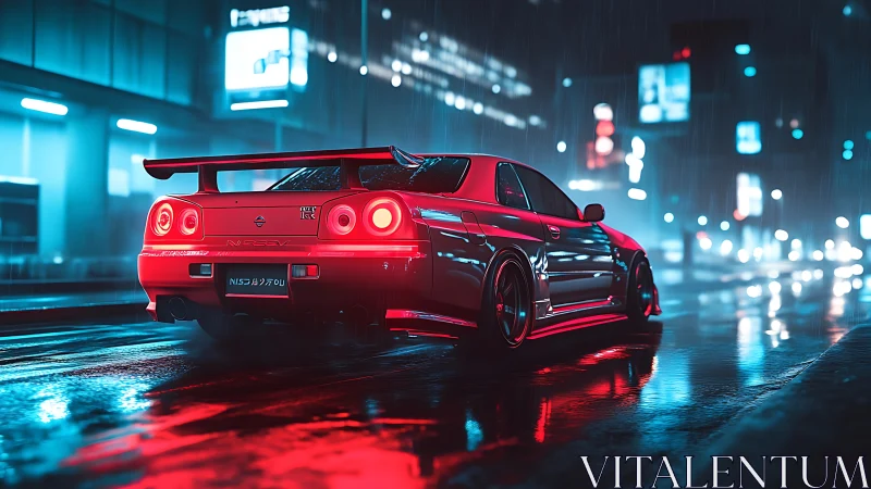 Neon-lit Nissan GT-R R34 rendered in cinematic rainy streets.