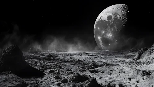 Rocky lunar foreground under looming detailed moon globe.
