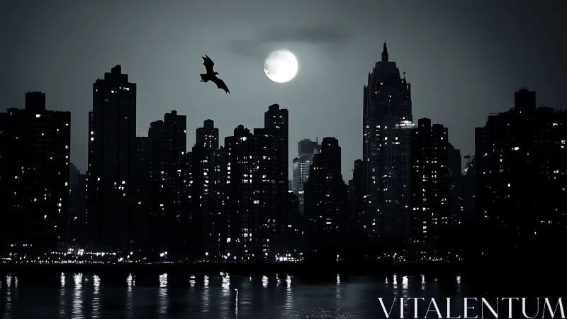 Midnight city skyline rests beneath a luminous full moon