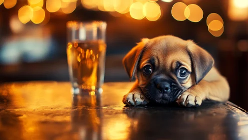 Bar-top puppy with galaxy eyes under honeyed bokeh glow.