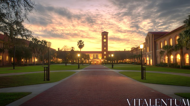 Symmetrical campus courtyard at sunrise with central clocktower.