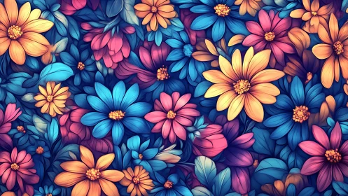 Vibrant Digital Floral Composition with Layered Petals and Gradient Saturation