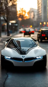 Futuristic BMW concept car gliding through sunset traffic.