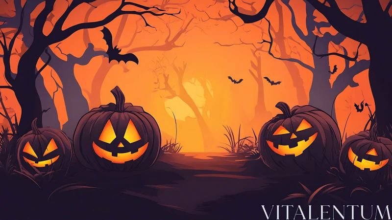 Glowing jack o lanterns light eerie Halloween forest path